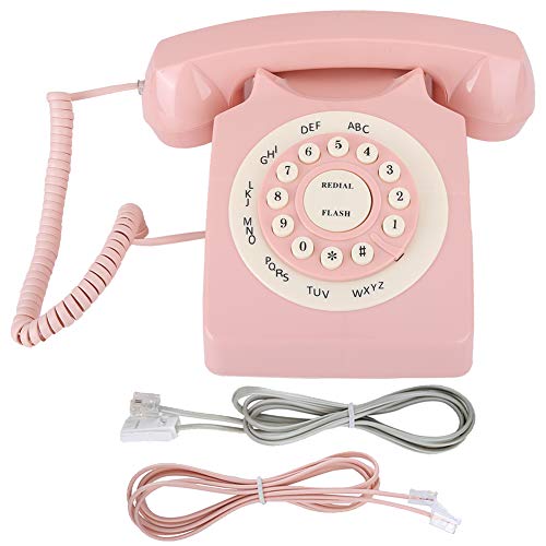 Plyisty Telefono Vintage Rosa, Telefono Fisso retrò Anni '80, Telefono da Tavolo con Quadrante Rotativo Vecchio Stile, con Linea UK + US, Arredamento Camera da Letto per la Casa