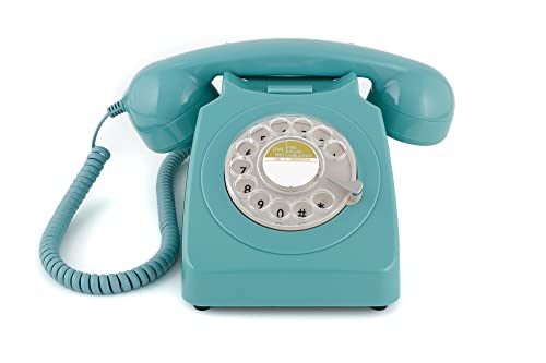 GPO Telefono fisso 746 stile retrò anni '70, telefono classico con pulsante ad anello, cavo corrugato, suoneria originale, per casa e hotel, blu azzurro