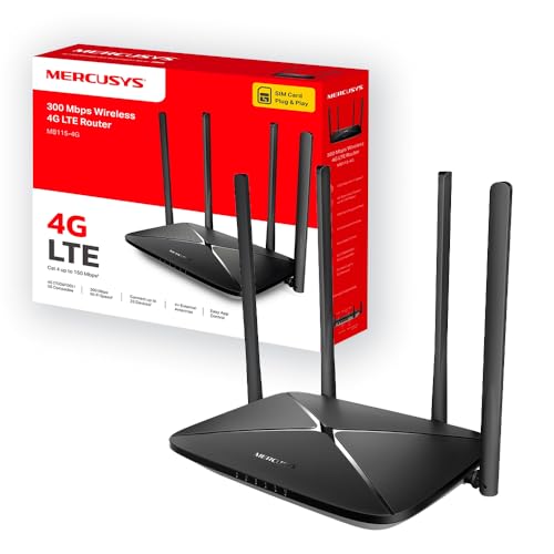 MERCUSYS MB115-4G Router WiFi con Sim, 4 Antenne Ad Alto Guadagno, 4G LTE Wireless N300Mbps, 3 Porte LAN+1 Porta LAN/WAN, WAN Connection Backup, Parental/LED Control, SMS, APP, Plug&Play