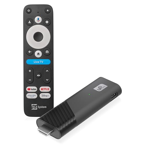 TELE System UP Stick Google TV 4K UHD HDMI, Wi-Fi Dual Band, Dolby Vision/Atmos, Google Assistant, 32GB, HDR10+, Telecomando Voice Control 2in1, Streaming Netflix, Prime Video, Disney+, YouTube