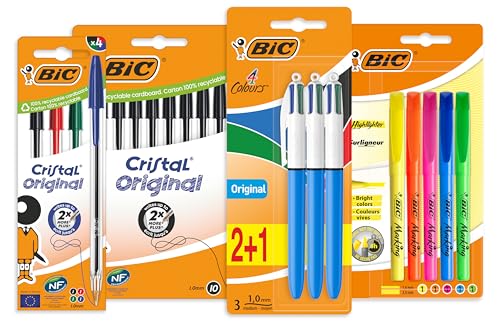 BIC Set Cancelleria, 10 Penne a Sfera Nere, 5 Evidenziatori, 4 Penne a sfera Colori Assortiti, 4 Colori a Scatto, Astuccio Scuola