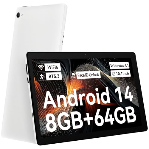 Laptok Tablet 10 pollici Android 14 Tablet con Octa-Core, Face ID, 8GB+64GB+1TB Espansione, 1280*800 HD IPS Touchscreen, tablet Android con WiFi 6 BT5.3, Doppia Fotocamera 5MP+8MP, Widevine L1(Bianco)