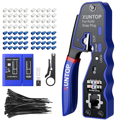 XUNTOP Pinza Crimpatrice RJ45 Kit Crimpatore RJ45 Pass-Through con 50 Connettori Cat6 Dorati, Tester Cavi, Pinza Crimpare Compatta Multifunzione, Guida Colori T-568A/B, EVA Borsa per Cat5, Cat6 e Cat7