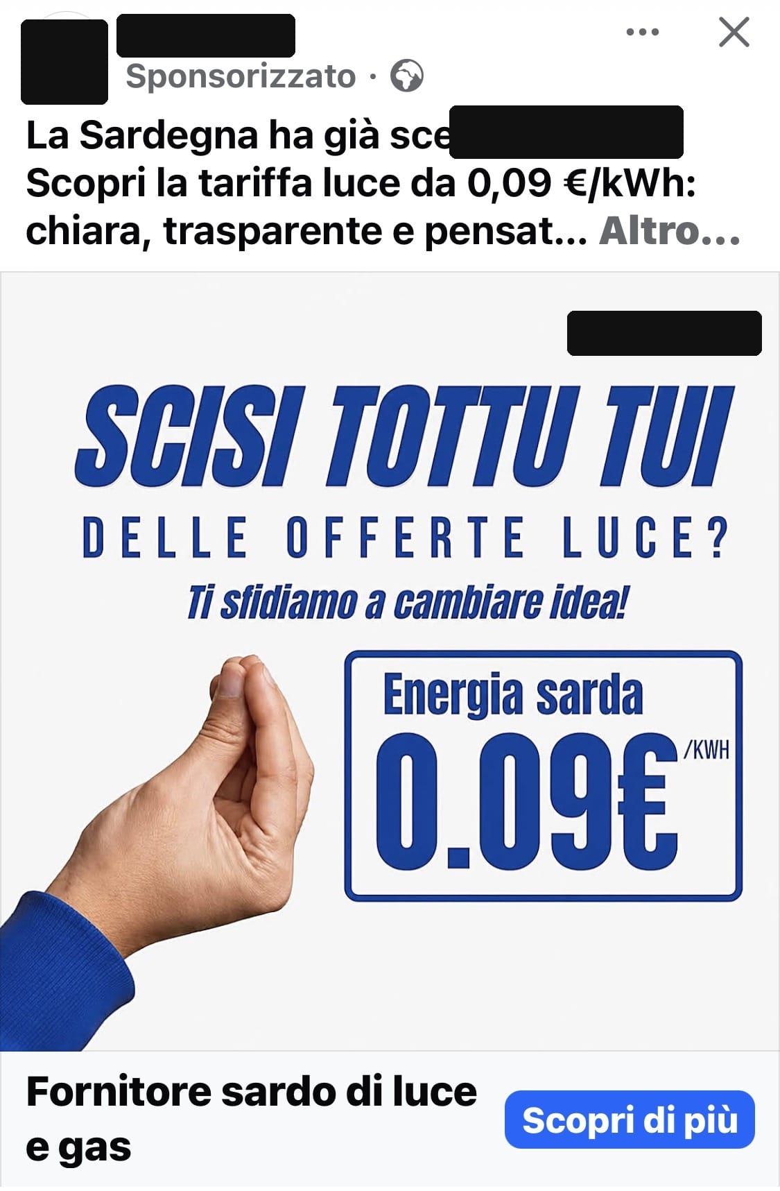 Inserzione Facebook con offerta luce a 0,09 euro al kWh, nome del fornitore oscurato