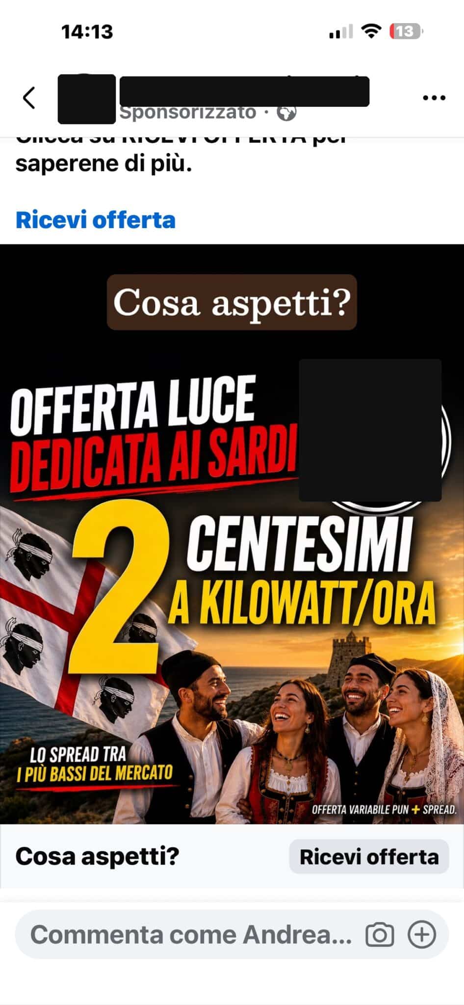 Inserzione Facebook con offerta luce a 0,09 euro al kWh, nome del fornitore oscurato