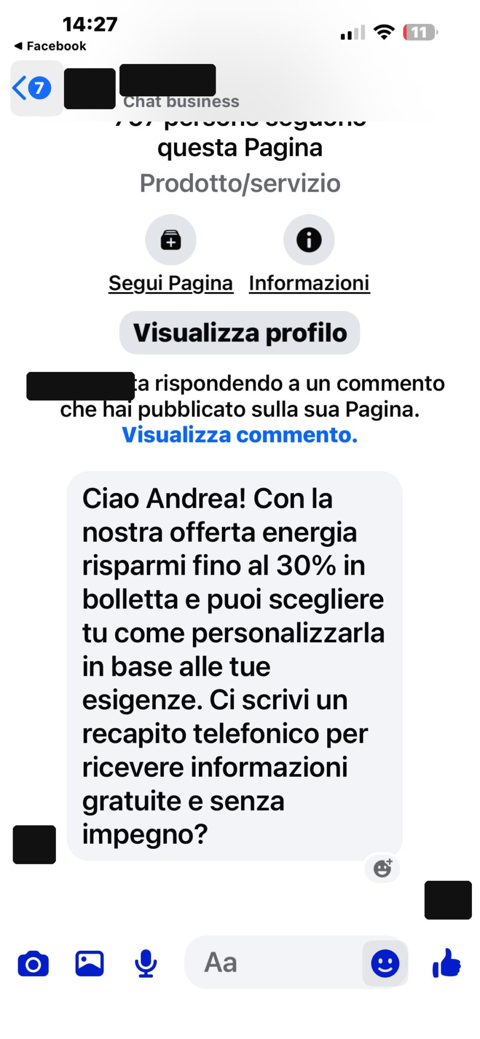 Messaggio privato su Messenger che promette il 30% di risparmio in bolletta e chiede il numero di telefono